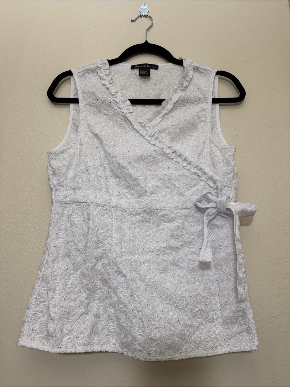 Marina Luna White Eyelet Boho Wrap Sleeveless Top Cottagecore Summer Chic Size L